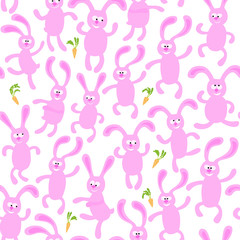 Seamless pattern with pink rabbit.Cute animals are dancing and smiling .