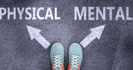 Physical and mental as different choices in life - pictured as words Physical, mental on a road to symbolize making decision and picking either Physical or mental as an option, 3d illustration