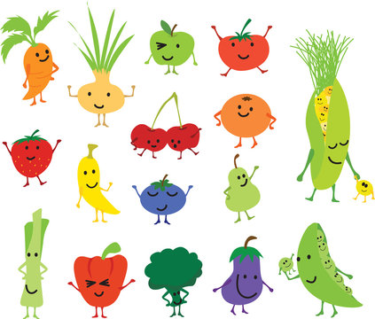cute kawaii fruit and vegetable cartoons for healthy eating or a detox cleanse