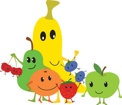 kawaii fruit cartoon group, healthy eating for kids.
