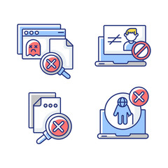 Website errors RGB color icons set. Unauthorized access, version not supported, 404 page not found and no results notifications. Isolated vector illustrations