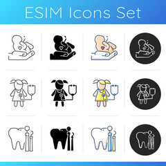 Children health care icons set. Pregnancy and childbirth. Pediatric department. Dental medicine and health. Medical healthcare. Linear, black and RGB color styles. Isolated vector illustrations