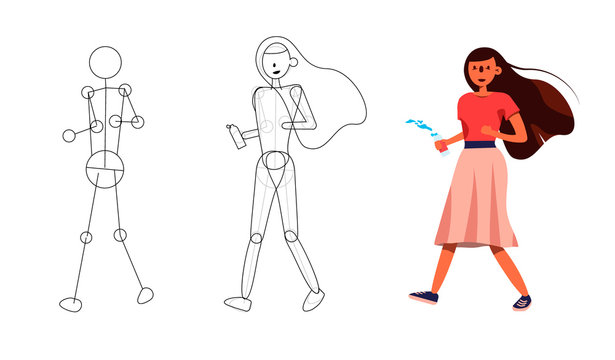 Vector people image. Characters illustration. Building the image of a girl. Dynamic position skeleton