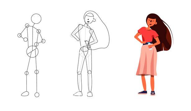 Vector people image. Characters illustration. Building the image of a girl. Skeleton of a static position