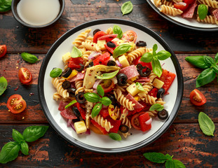 Antipasto salad with pasta, tomato, olives, red onion, bell pepper, salami, cheese, artichoke and basil.