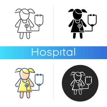Pediatric department icon. Infants and children medical care. Kids physical, psychosocial development. Pediatrician. Linear black and RGB color styles. Isolated vector illustrations
