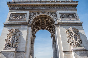 The Arch of Triomphe in Paris agains a blue sky
