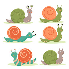 Set cute snail cartoon, isolated on white background. Vector flat illustration.