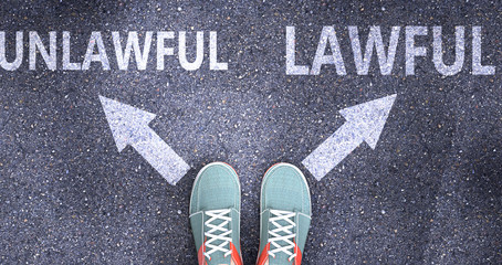 Unlawful and lawful as different choices in life - pictured as words Unlawful, lawful on a road to symbolize making decision and picking either Unlawful or lawful as an option, 3d illustration