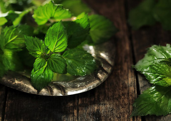 Fresh mint leaves on an antique metal tray on a wooden table.
