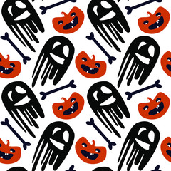 seamless pattern with halloween pumpkins, bones and ghost on white backgrounnd. Design for printing postcards, posters, flyers, wrapping paper