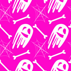 vector seamless helloween pattern with ghost, bones, skeleton on pink background for fabrics, paper, textile, gift wrap, for invitations, greeting cards, business card