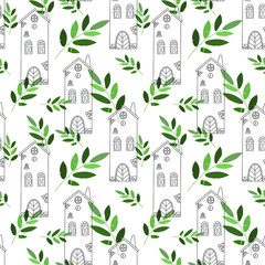 Vector seamless pattern with the image of vintage monochrome houses and green plants. Design for printing postcards, posters, flyers, wrapping paper