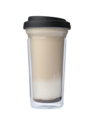 Hot coffee in reusable glass cup isolated on white