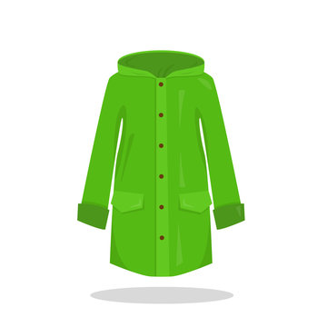 Green Rain Coat On White Background.