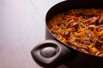 Delicious casserole noodles with pieces of beef and vegetables