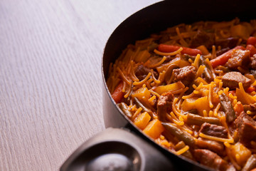 Delicious casserole noodles with pieces of beef and vegetables