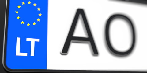 Close-up details of a vehicle registration plate of Lithuania, part of the set. 3D rendering
