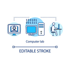 Computer lab concept icon. Technology laboratory. Classroom for student studying. College life idea thin line illustration. Vector isolated outline RGB color drawing. Editable stroke