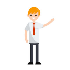 Cartoon flat illustration - young office guy in white shirt and red tie waving hand. happy man company employee. Hand gesture.