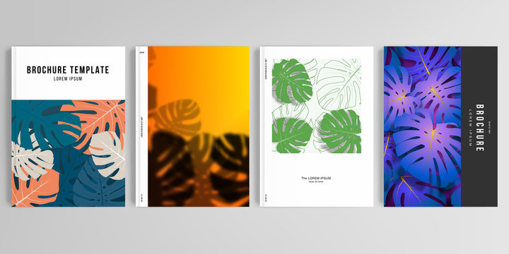 Realistic vector layouts of cover mockup design templates for A4 brochure, cover design, flyer, book, poster. Tropical palm leaves, shadow of tropical jungle leaves. Floral pattern backgrounds.