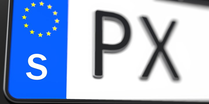 Close-up details of a vehicle registration plate of Sweden, part of the set. 3D rendering