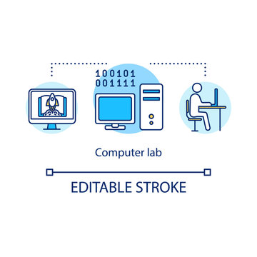 Computer Lab Concept Icon. Technology Laboratory. Classroom For Student Studying. College Life Idea Thin Line Illustration. Vector Isolated Outline RGB Color Drawing. Editable Stroke