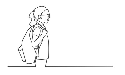Young girl in glasses with a backpack. Line drawing vector illustration.