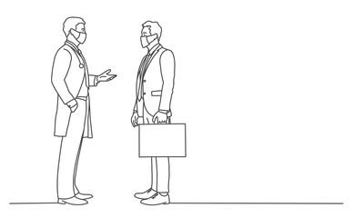 Doctor and businessman in protective masks talking. Line drawing vector illustration.