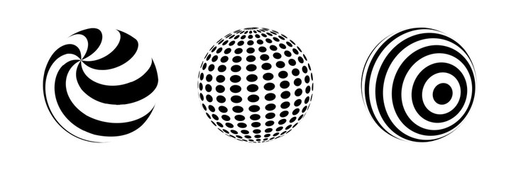 Set of striped spheres. Balls whith black and white lines. Vector optical illusion.