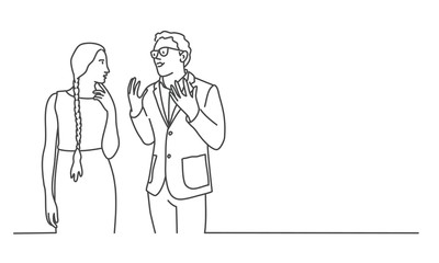 Line drawing vector illustration of young talking man and woman.