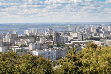 Panoramic view of the city of Saratov (Russia) from The Falcon Mountain. August 2020. High quality photo