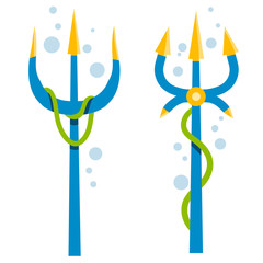 Poseidon Trident. Mythical object with algae and water bubbles. Blue gold magic rod. Cartoon flat illustration. The sea king's weapon
