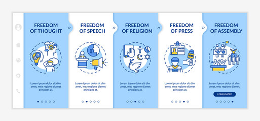 Basic human freedoms onboarding vector template. Freedom of press. Fundamental human rights. Responsive mobile website with icons. Webpage walkthrough step screens. RGB color concept