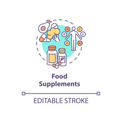 Food supplements concept icon. Healthy nutrition, biohacking tips idea thin line illustration. Vitamin diet, health improvement advice. Vector isolated outline RGB color drawing. Editable stroke