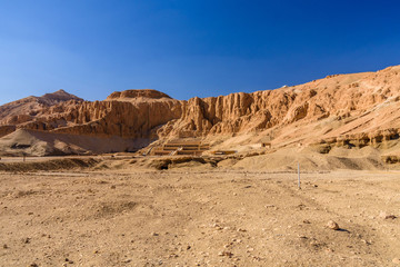 View on a temple of Hatshepsut under the high cliffs in Luxor, Egypt