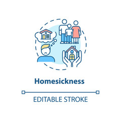 Homesickness concept icon. Anxiety from separation. Depression from long distance. College life idea thin line illustration. Vector isolated outline RGB color drawing. Editable stroke