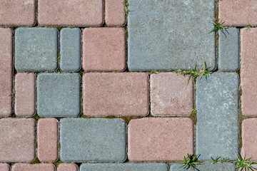 The surface is paved with paving stones. Large and small squares and rectangles in blue and red.