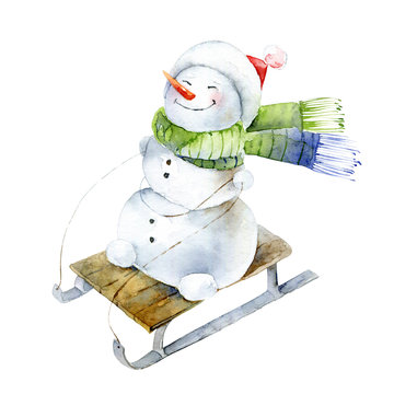 Watercolor cheerful snowman in hat and scarf sledding