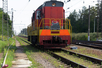 Railways. Diesel locomoRailways. Diesel locomotive on rails.tive on rails.