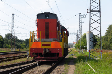 Railways. Diesel locomoRailways. Diesel locomotive on rails.tive on rails.