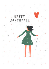 Obraz na płótnie Canvas Birthday celebration greeting card design. Young girl with balloon . Hand written text , Vector flat illustration