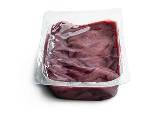 Raw pork liver in a pack isolated on white