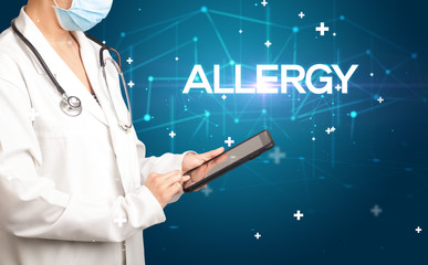 Doctor fills out medical record with ALLERGY inscription, medical concept