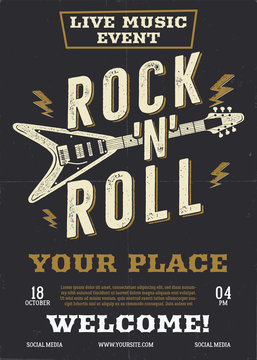 Rock music vector flyer, live event poster background template with guitar. Rock N Roll background. Vector design illustration