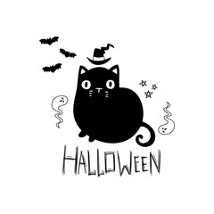 Halloween decorative illustration witch cat with hat on white background. Drawn by hand doodle vector of black magical cat with ghosts. Postcard halloween decorations.