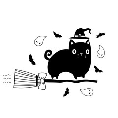 Halloween decorative illustration cat flying on broom on white background. Drawn by hand doodle vector of black witch cat. Post card halloween decorations.