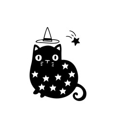 Halloween decorative illustration astrologer witch cat with stars on white background. Drawn by hand doodle vector of black magical cat reading stars. Postcard halloween decorations.