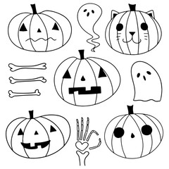 Halloween set of cartoon pumpkins on white background. Drawn by hand doodle halloween elements. Post card decorations.