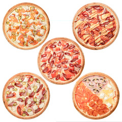 pizza set five pieces assorted on a white background isolate